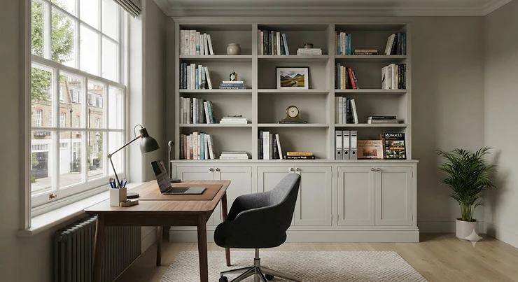A stylish tall bookcase for office storage in a modern British workspace, featuring organised books and decorative items. tall bookcase for office