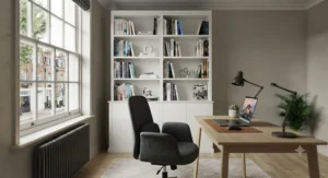 Tall bookcase for office and home study, holding a diverse collection of books and home office supplies.