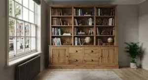 Tall bookcase for office use featuring an integrated cupboard base for hidden storage.