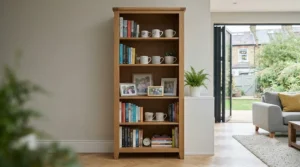 A tall oak bookcase styled with books and decorative accessories in a modern British apartment.