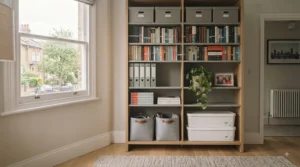 A tall floor-to-ceiling office bookcase showcasing organized books and storage boxes.