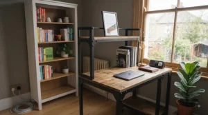 Tall narrow grey office bookcase offering vertical shelving solutions for budget-conscious buyers.