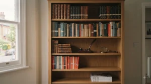 A traditional solid oak office bookcase filled with hardback novels in a classic study.