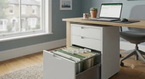 A 3 drawer pedestal with the bottom filing drawer extended, displaying hanging suspension folders for A4 documents