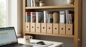 Vertical cardboard magazine file holders arranged on a shelf for efficient document filing.