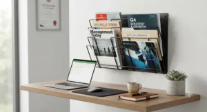 Wall-mounted metal magazine holder saving surface space in a compact corporate office.