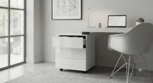 Sleek high-gloss white 3 drawer pedestal paired with a minimalist writing desk and designer chair