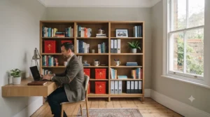 A wide bookcase positioned against a neutral wall in a compact British home study.