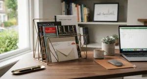 Minimalist brass wire magazine holder keeping correspondence and periodicals tidy on a desk.