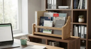 Natural wood magazine rack on a bookcase holding client files and corporate brochures.