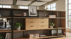 Sound-absorbing acoustic panels fitted into a modular shelving system for an open-plan workspace.