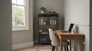 Compact dark grey metal and reeded glass cabinet perfectly scaled for a small home office alcove, with a Pilea plant and books on its illuminated shelves.