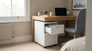 A compact metal office storage cabinet fitting neatly under a desk in a modern British home office.