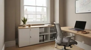 Compact low office storage unit neatly fitted under a window in a small London office.