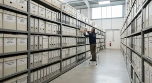 A complete row of heavy duty shelving for office storage lining a secure records management facility.