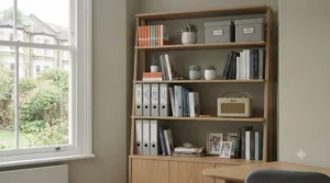 Clever corner shelving unit utilising awkward dead space to organise office files and reference books efficiently.