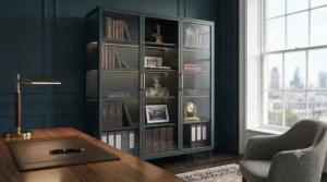 Premium dark charcoal metal and reeded glass executive office storage unit featuring brass handles, internal lighting, and curated items like leather-bound books and a crystal decanter.