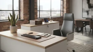 Premium executive office setup featuring a matching desk and low storage credenza.