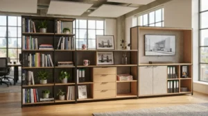 High-end modular shelving unit holding books and decorative plants in a executive boardroom.