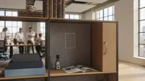 An engineer assembling modular office shelving components during a workplace refurbishment.