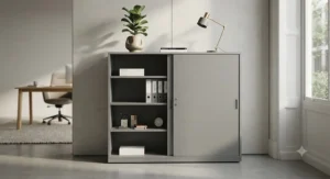 Minimalist grey sliding door cabinet for office storage in a professional setting.