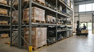 Heavy-duty industrial steel shelving rack holding large pallets and heavy boxes in a commercial stockroom.