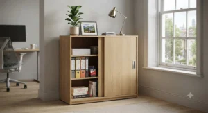 Space-saving sliding door cabinet for office setups in a British home study.