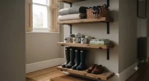 A DIY toolkit and spirit level laid out on a timber floating shelf during home installation in a UK property.