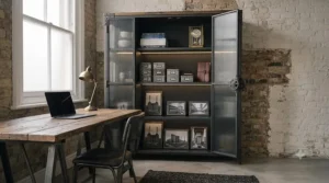 Industrial-style heavy-duty metal and glass office shelving unit with riveted details and exposed gear latch, set against an exposed brick wall.