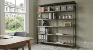 Industrial-style metal and timber shelving unit displaying office accessories and storage boxes in an urban apartment study.