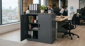 Durable industrial-style steel office storage cabinet designed for heavy-duty workplace use.