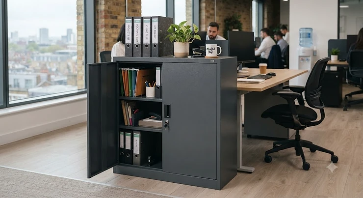 Durable industrial-style steel office storage cabinet designed for heavy-duty workplace use.