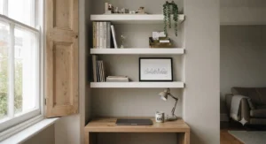 Industrial-style scaffolding board shelves with black iron brackets fitted in a narrow hallway for everyday shoe storage.