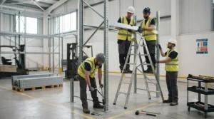 Warehouse workers safely assembling a robust industrial steel shelving frame using standard mechanical tools.