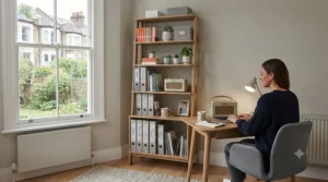 Contemporary leaning ladder shelf featuring graduated tiers for accessible storage of paperwork and desk ornaments.