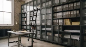 Large, tall floor-to-ceiling modular archive cabinet system with extensive reeded glass panels, keeping hundreds of uniform grey binders and rolled plans visible and dust-free.