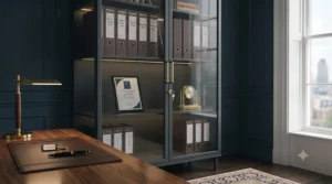 Secure, lockable glass office display cabinet with a key inserted, showcasing confidential binders labelled "Client Files A-F" and a brass clock.