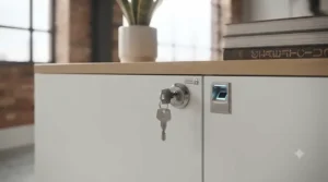 Secure lockable low storage cabinet for keeping confidential documents safe in a UK workplace.