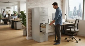 Tall multi-drawer office filing cabinet designed for efficient suspension file organisation and secure record keeping.