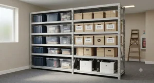 Wide-bay heavy duty shelving holding bulky marketing materials and IT hardware in a business storage room.