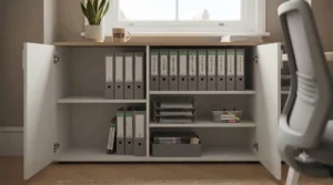 Interior view of a low office cabinet showing adjustable shelving and stationery storage trays.