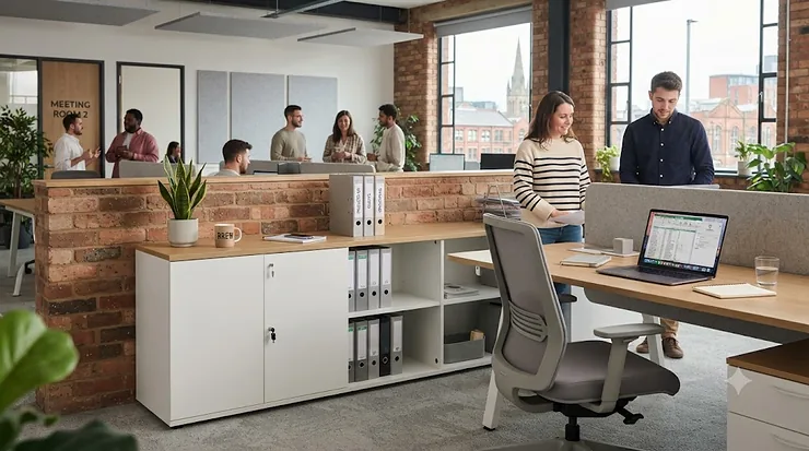 Modern low storage cabinet for an open-plan UK office, featuring a clean white and oak finish. low storage cabinet for office