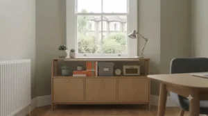 Low-profile modular shelving unit positioned underneath a window, keeping natural light unobstructed in a home office.