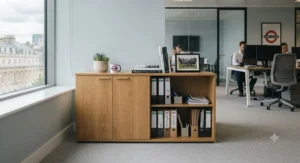 Low wooden office storage cabinet featuring a sleek oak finish, positioned underneath a window in a modern corporate office.