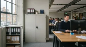 Heavy-duty metal office storage cupboards with lockable doors for secure document archiving in a workplace.