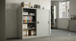 Heavy-duty metal sliding door cabinet for office file archiving and security.