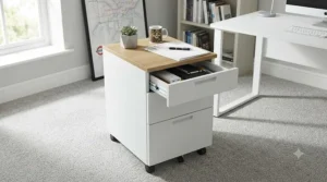 Movable office storage cabinet featuring smooth-rolling castors for flexible room layouts.