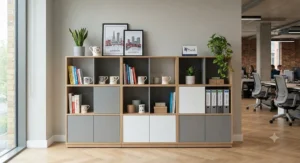 Modular office storage shelving unit displaying a mix of open display shelves and closed cabinet compartments.