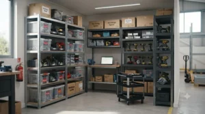 Compact modular shelving units maximising floor space efficiency in a small industrial workshop.