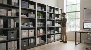 Highly customisable modular shelving system with adjustable tiers installed in a modern British office archive room.